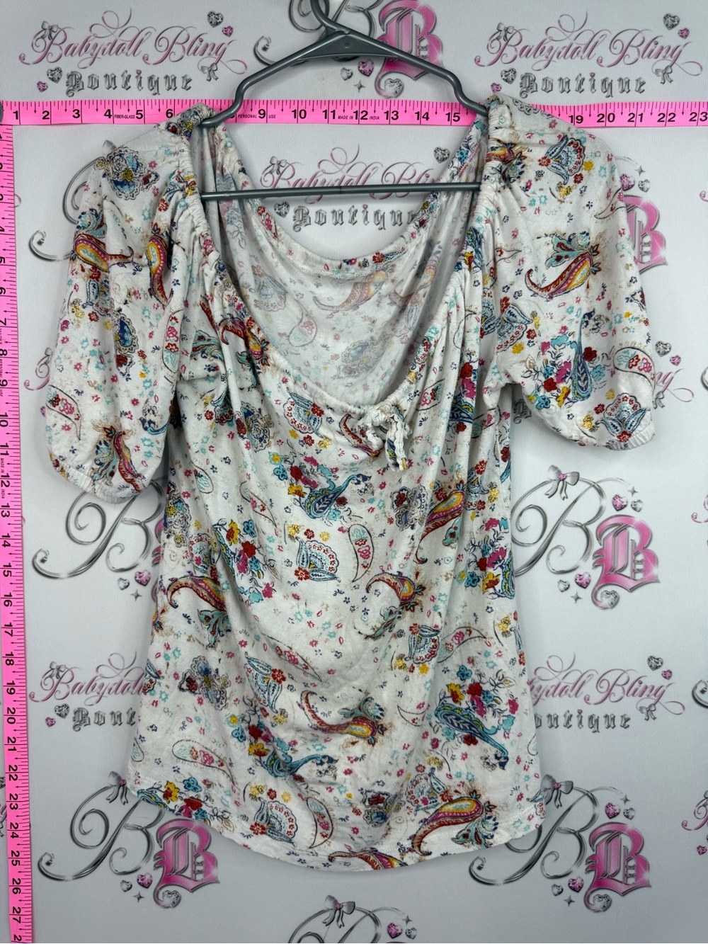 Shirt top flowy Cream Paisley Floral Drape Neck Top